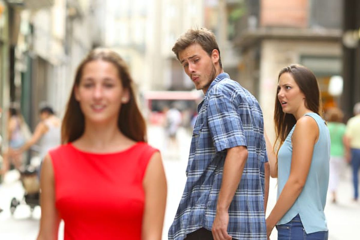 Distracted Boyfriend meme about Skin at Peace